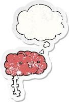 happy cartoon brain and thought bubble as a distressed worn sticker vector