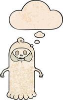 fantasma de calavera espeluznante de dibujos animados y burbuja de pensamiento en estilo de patrón de textura grunge vector