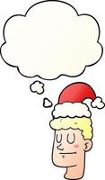 cartoon man wearing christmas hat and thought bubble in smooth gradient style vector