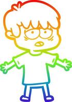 rainbow gradient line drawing cartoon exhausted boy vector