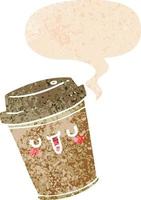 cartoon take out coffee and speech bubble in retro textured style vector