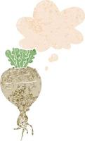 cartoon root vegetable and thought bubble in retro textured style vector