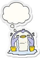 cartoon crying penguin and thought bubble as a printed sticker vector