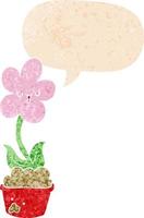 cute cartoon flower and speech bubble in retro textured style vector