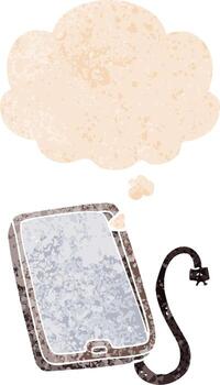 cartoon computer tablet and thought bubble in retro textured style vector