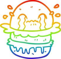 dibujos animados de dibujo de línea de gradiente de arco iris llorando hamburguesa de comida rápida vector