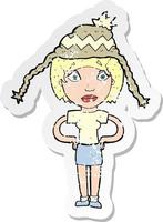 pegatina retro angustiada de una mujer de dibujos animados con sombrero de invierno vector