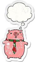 cartoon pig wearing office tie and thought bubble as a distressed worn sticker vector