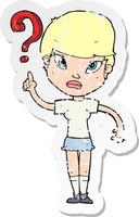 retro distressed sticker of a cartoon woman asking question vector