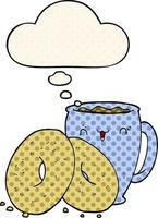 cartoon coffee and donuts and thought bubble in comic book style vector