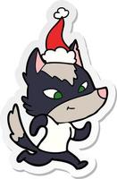 friendly sticker cartoon of a wolf wearing santa hat vector