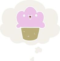 cartoon cupcake with face and thought bubble in retro style vector