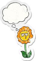 cartoon flower and thought bubble as a distressed worn sticker vector