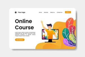 Online course landing page with young man waving hand illustration vector