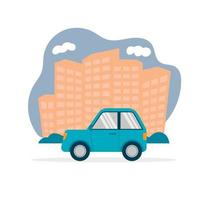 simple two-door blue coupe car side view rides against the background of urban skyscrapers in a bubble isolated on a white background flat graphic. vector