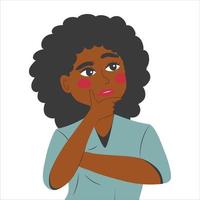 Thinking young black woman has a question. Rubs chin, looks up and thinks about a new creative idea. vector