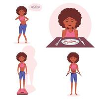 The concept of mental disorder and food addiction - Afro American Black girl with anorexia, bulimia is afraid to eat, weigh herself, measure body parameters. nauseated at the thought of food vector