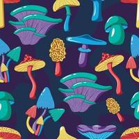 Seamless pattern with psychedelic hallucinogenic colorful mushrooms in 70s hippie style on a dark abstract background vector