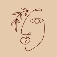 logotipo de dibujo de una línea de moda, cara de mujer con planta vector