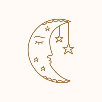 Moon face character. Mystical boho line art icon
