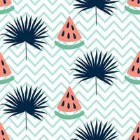 Beautiful seamless pattern with watermelon and tropical leaf on zig zag background vector