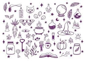 Witchcraft, magic background for witches and wizards. Vector vintage collection. Hand drawn magic tools, concept of witchcraft.