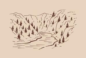 paisaje con montañas y bosques. ilustración dibujada a mano convertida en vector. vector