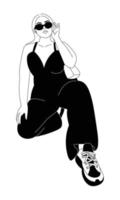 Woman knee up sitting and holding tote bag, fashion pose, vector illustration