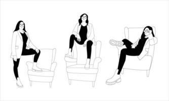 Young woman acting post sitting on sofa line art vector illustration