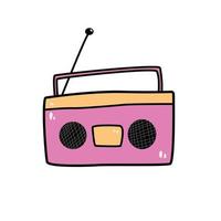 Hand drawn pink retro record player with antenna doodle style, vector illustration isolated on white background. Old device for listen music, black outline, 90s vibes