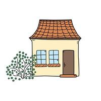 Hand drawn colorful cute house with tree doodle style, vector illustration isolated on white background. Tile roof, decorative design element, outdoor