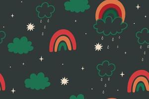 Seamless pattern with rainbows, clouds and stars. Vector graphics.