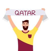 Soccer fan isolated on white background. Bearded fan of the Qatar national football team holds a scarf with his hands up. Concept of sport, human emotions, entertainment. Vector illustration