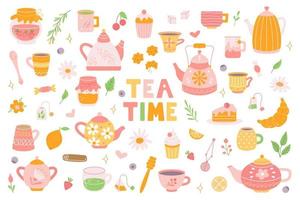 Big tea set. Teapots, cups with sweets, cookies. Breakfast, tea party. Vector flat illustration in hand drawn style on white background.