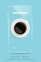 café negro en taza blanca y móvil sobre fondo azul. diseño para cartel publicitario flyer ilustración vectorial vector