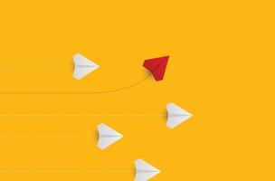 Creative paper planes on yellow background. Leadership and success concept.group of white paper planes in one direction and one red paper plane pointing in different way. Vector Illustration
