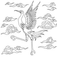 Design Vector Outline Asian Crane with Cloud