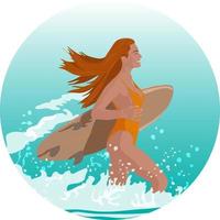 Red-haired girl in an orange swimsuit with a surfboard runs into the sea vector