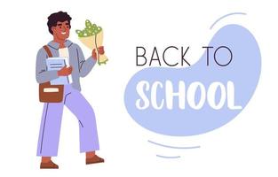 Back to school card with aframerican schoolboy. Boy with book and flowers. Flat vector illustration