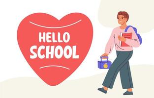 Hello school card with boy. Schoolboy with backpack and lunch box. Flat vector illustration