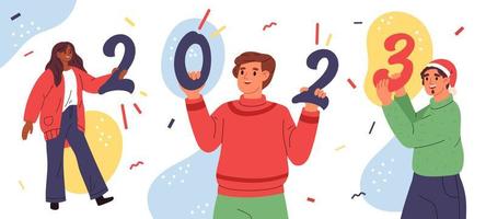 Happy people in christmas clothes holding 2023 New Year numbers. Team celebrate New Year and Christmas. Friends celebrate winter holiday and congratulate us with new year vector