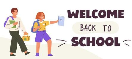 Welcome back to school banner with kids of primary school. Back to school. Children with books and backpack. Flat vector illustration