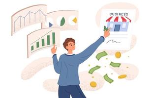 Businessman sells franchise. Franchise business concept. Online purchase of franchise. Buyout of company. Flat graphic vector illustration