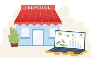 Sells franchise online. Sale and purchase of franchise. Financial success. Online franchising. Flat graphic vector illustration