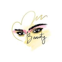 Beauty, handwritten quote. Fashion sketch of eyebrows and eyes with long eyelashes and golden makeup vector