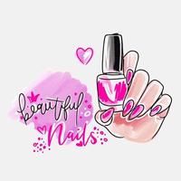 hermosas uñas, inscripción manuscrita, mano con uñas largas, sostiene esmalte de uñas vector