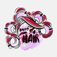 Happy hair, handwritten lettering, hairstyle with curlers, hairdresser