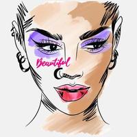 Beauty, handwritten quote. Fashion sketch of a portrait of a girl with bright makeup