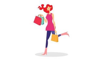 compras, mujer, tenencia, bolsas, ilustración, logotipo, vector