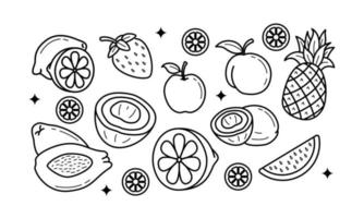 Doodle fruits. Natural tropical fruit, organic fruits or vegetarian food. Vector isolated icons